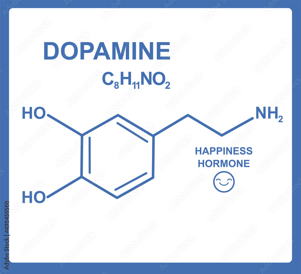 Chemical formula of Dopamine - happiness hormone. Molecular formula of Dopamine hormone. Can be used for science and education presentation. Vector illustration EPS 8 Chemical formula of Dopamine - happiness hormone. Molecular formula of Dopamine hormone. Can be used for science and education presentation. Vector illustration EPS 8