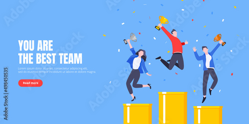 People standing on the podium rank first three places, jumps in the air with trophy cup. Employee recognition and competition award winner business concept flat style design vector illustration.
