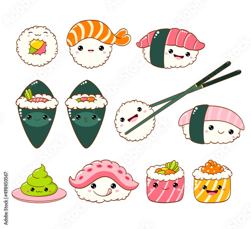 Set of cute sushi and rolls icons in kawaii style with smiling face and pink cheeks. Japanese traditional cuisine dishes. Temaki, chopsticks, nigiri, tamago, uramaki, futomaki, wasabi. EPS8  