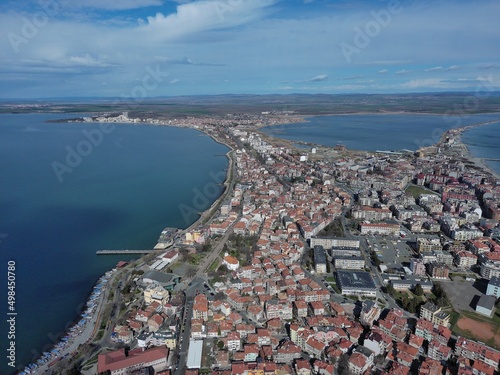 View from a height of the city of Pomorie, which is located on the peninsula of Bulgaria and is washed by the Black Sea