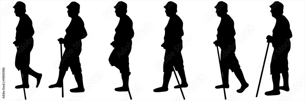 A group of older people with walking sticks in their hands. The tourist walks, step by step. A man in a cap, shorts, with a cane in his hand. Six black female silhouettes are isolated on a white.
