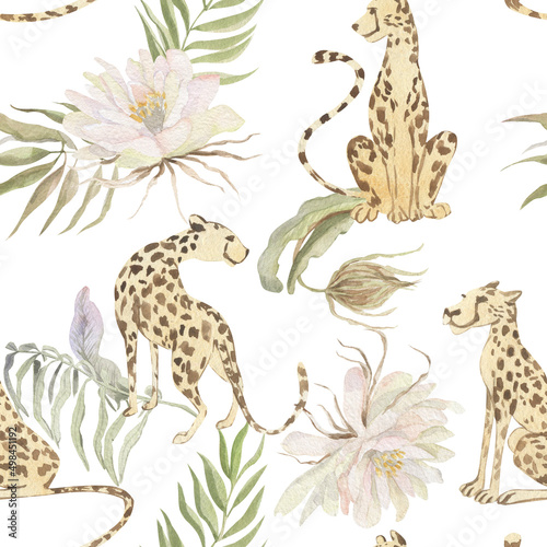 Watercolor seamless pattern of tropical leaves and flowers, cheetah