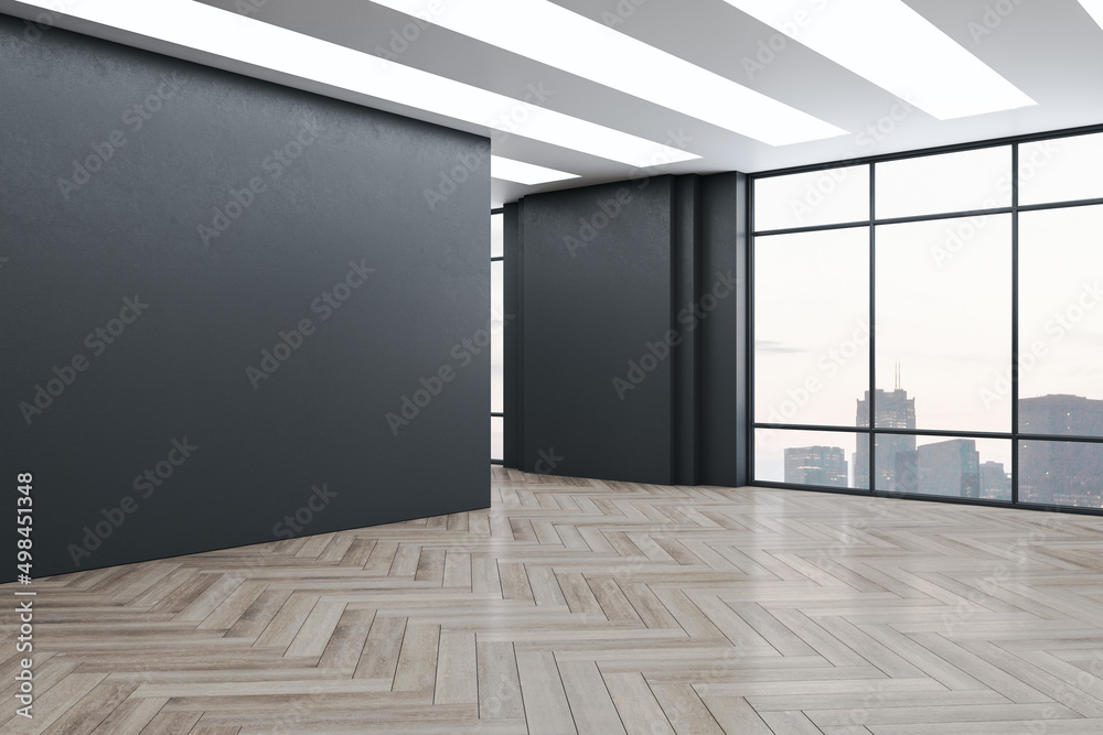 Obraz premium Bright gallery interior with wooden flooring, mock up place, window and panoramic city view. 3D Rendering.