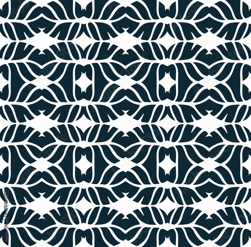 Black seamless pattern with white ornament. Arabic background. Elegant style fabric ornament.