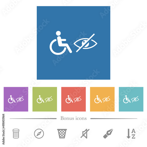 Wheelchair and visually impaired symbols flat white icons in square backgrounds