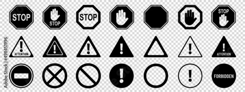 Attention, Stop, Forbidden Button Sign Icon Set - Black Vector Illustrations Isolated On Transparent Background