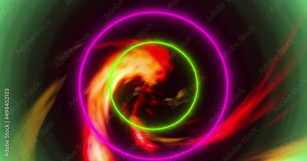 Animation of orange smoke over neon circles on black background Animation of orange smoke over neon circles on black background