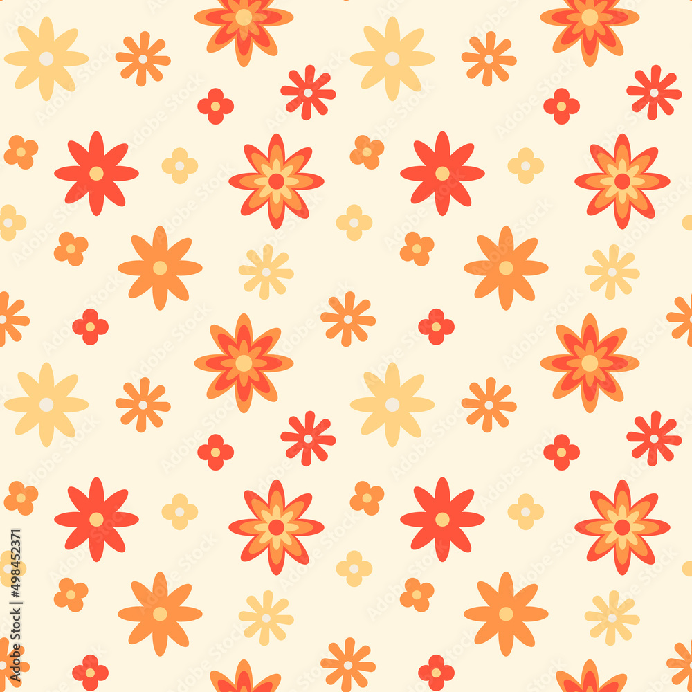 70s inspired floral seamless pattern. Various daisy spring and summer flowers. Botanical retro vintage style yellow background. Vector illustration in flat style. 70s inspired floral seamless pattern. Various daisy spring and summer flowers. Botanical retro vintage style yellow background. Vector illustration in flat style.