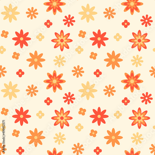 70s inspired floral seamless pattern. Various daisy spring and summer flowers. Botanical retro vintage style yellow background. Vector illustration in flat style. © millering