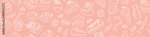 Seamless horizontal border with desserts and sweets. Cute doodle pattern. Vector illustration.