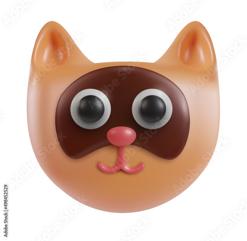 Funny 3d cartoon cat head isolated on white background. Realistic cute animal character. Decorative kawaii style pet. Soft plastic or clay toy. Modern trendy vector illustration.
