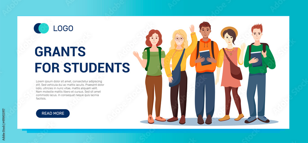 Grants for students. Vector banner template. Happy students, young people of different nationalities on a white background.