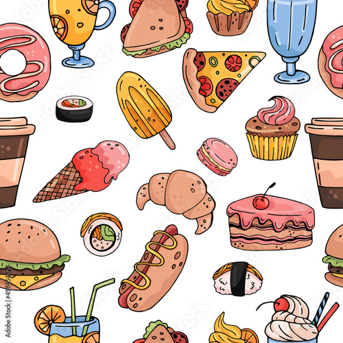 Seamless vector pattern with hand drawn food and drinks. color sketch on white background