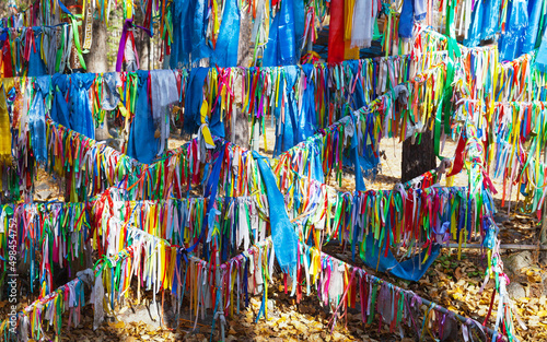 Buddhist multi-colored prayer ribbons  tourist colored tapes and Buryat blue scarves hodaks near mineral spring in the Arshan sanatorium  Tunka valley  Buryatia. The concept of medical tourism