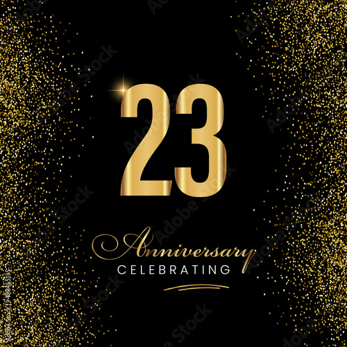 23 Year Anniversary Celebration Vector Template Design. 23 years golden anniversary sign. Gold glitter celebration. Light bright symbol for event, invitation, party, award, ceremony, greeting.