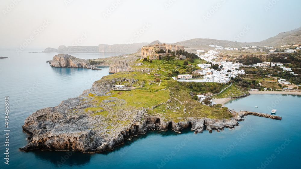 Aerial view of Lindos village with Acropolis in Greece, Rhodes island