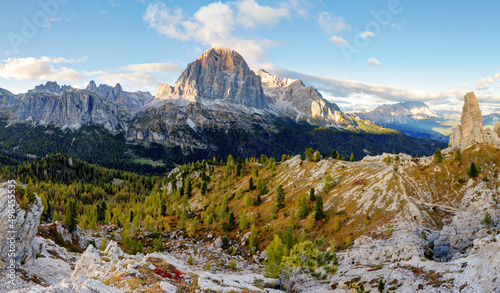 Dolomites landscape mountain panorama with forest and Tofana, Italy