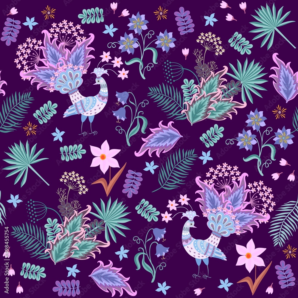 Fabulous birds, flowers and palm leaves in blue, lilac and emerald green on a dark purple background in vector. Seamless print for fabric, wallpaper. Fabulous birds, flowers and palm leaves in blue, lilac and emerald green on a dark purple background in vector. Seamless print for fabric, wallpaper.