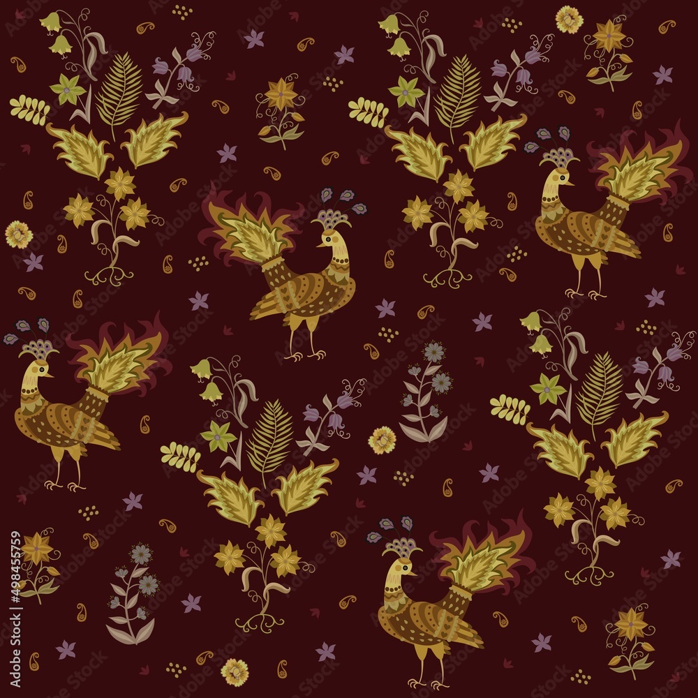 Excellent textiles for dresses in folklore style. Fabulous peacocks, flowers and leaves in greenish and lilac tones on a deep brown background in vector. Seamless vintage print for fabric. Excellent textiles for dresses in folklore style. Fabulous peacocks, flowers and leaves in greenish and lilac tones on a deep brown background in vector. Seamless vintage print for fabric.