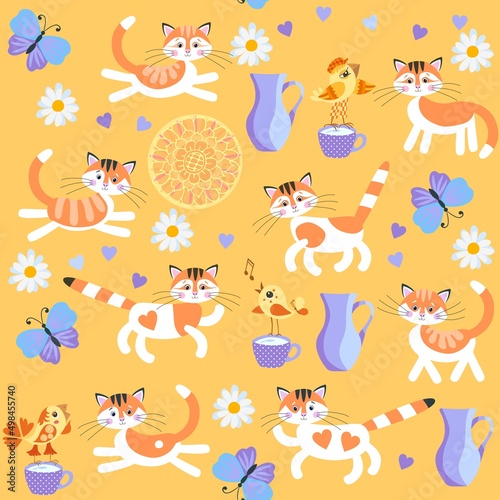 Seamless print for fabric, wallpaper for children with symbols of 2023 Chinese New Year. Cute cartoon white-orange cats, flowers, birds, jugs and cups of milk, butterflies on yellow-orange background.