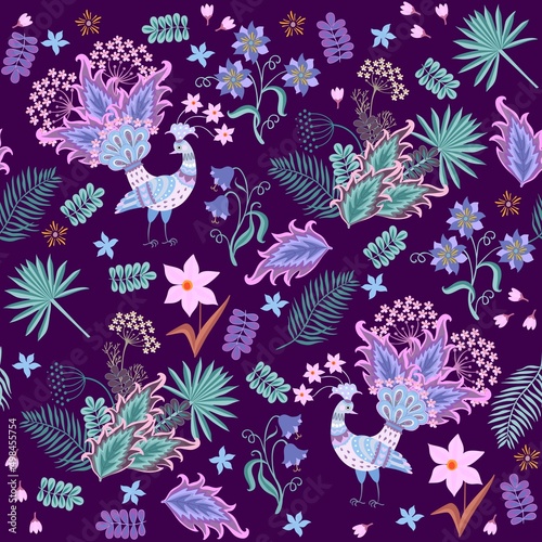 Fabulous birds, flowers and palm leaves in blue, lilac and emerald green on a dark purple background in vector. Seamless print for fabric, wallpaper.