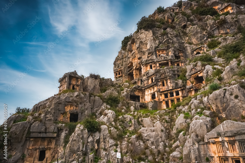 Rock-cut tombs in Myra Ancient City. The Ancient City of Myra, located in Antalya’s Demre County, is one of the Lycian Civilization’s most special settlements.