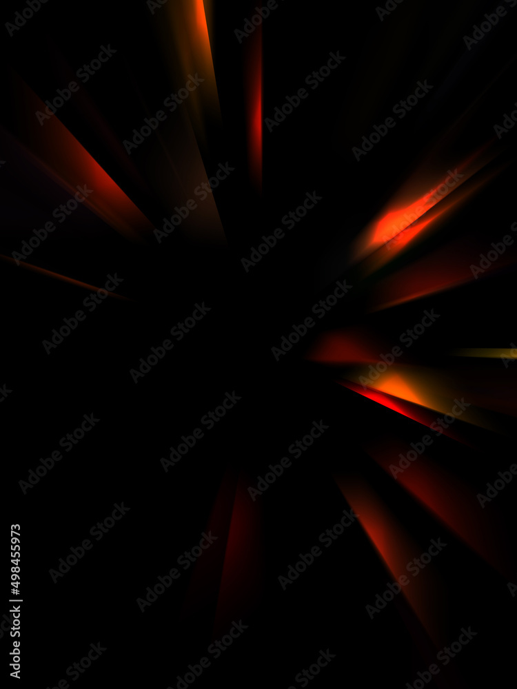 Dynamic rays of light isolated on black background. Graphic 2D illustration of glowing colorful light particles.