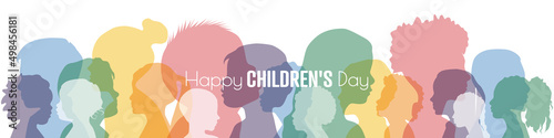 Happy Children's Day card. Children of different ethnicities stand side by side together. Flat vector illustration.	