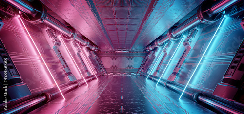 Blue and pink spaceship interior with neon lights on panel walls. Futuristic corridor in space station background. 3d rendering photo