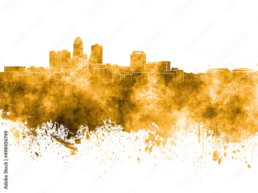 Des Moines skyline in orange watercolor on white background