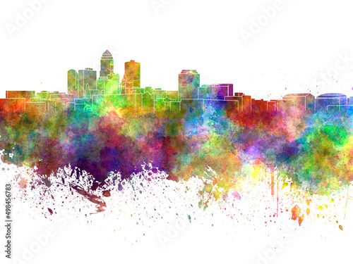 Des Moines skyline in watercolor on white background