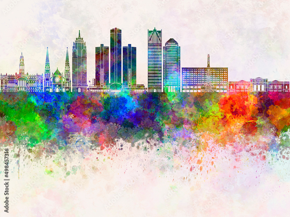 Detroit skyline in watercolor background