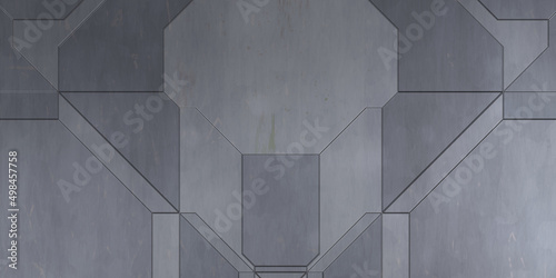 Fototapeta Naklejka Na Ścianę i Meble -  Futuristic conceptual design background. Spaceship texture wallpaper. Brushed technology pattern surface. 3D illustration. Symmetrical SciFi panels wall.