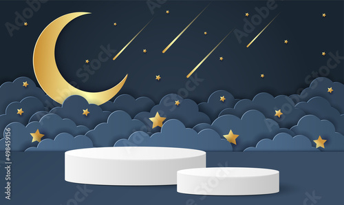 Paper cut of dark blue color cylinder podium for products display presentation. Night clouds and crescent moon with shooting star for baby boy shower card