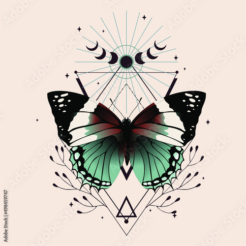 Vector illustration with butterfly and moon. Boho art print. Modern poster.