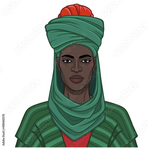 Animation portrait of beautiful African man in a turban. Color drawing. Vector illustration isolated on a white background. 