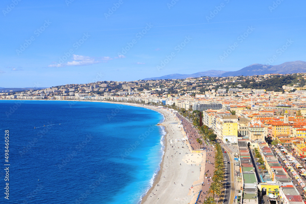 View at the city Nice, the Promenade des Anglais, the beach and the mediterranean sea, France