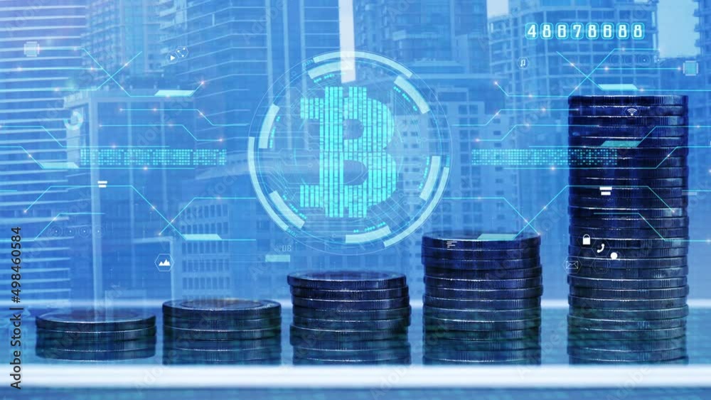 bitcoin digital money computer graphic background. stop motion coin stack increase. bitcoin digital money computer graphic background. stop motion coin stack increase.