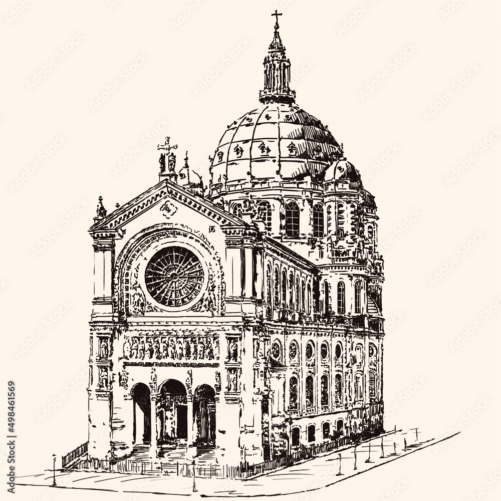 Church of St. Augustine. Cathedral building in the classical style with arches, statues and dome. Sketch on a beige background.