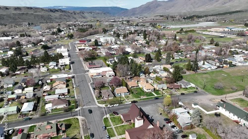 Cinematic 4K aerial drone bird's-eye view of the business district of the town of Naches, in Naches Valley near Yakima, Washington photo