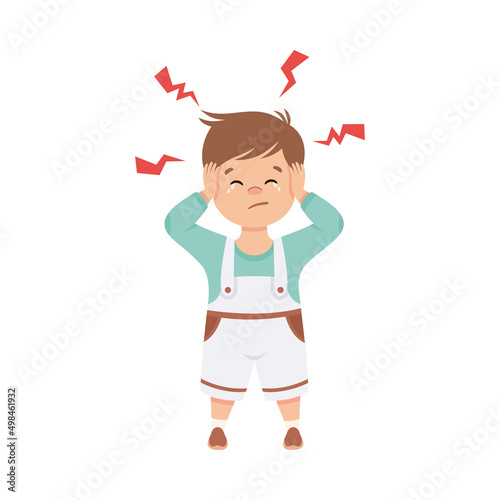 Sick Little Boy Feeling Unwell Suffering from Headache Vector Illustration