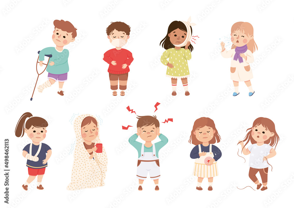 Sick Little Boy and Girl Feeling Unwell Suffering from Flu, Headache and Stomachache Vector Illustration Set Sick Little Boy and Girl Feeling Unwell Suffering from Flu, Headache and Stomachache Vector Illustration Set