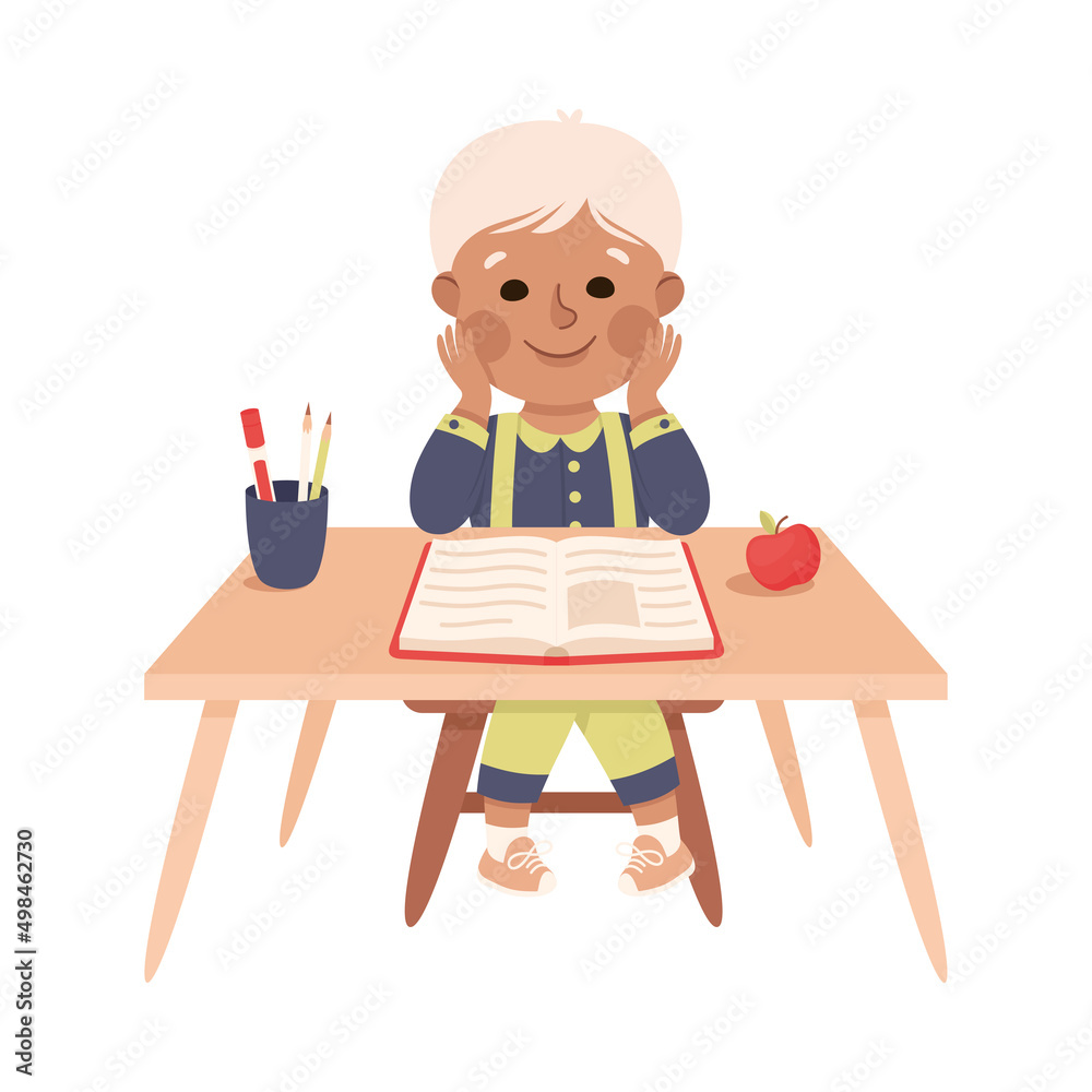 Little Boy Pupil Sitting at Table with Book Engaged in Elementary Education Vector Illustration Little Boy Pupil Sitting at Table with Book Engaged in Elementary Education Vector Illustration