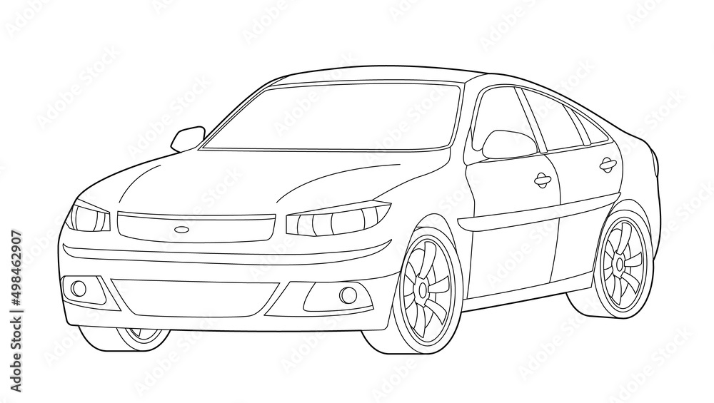 Car line drawing. Technology concept. Line art with details, vector illustration. Transportation icon. Automobile outline view. Template for car branding. Isolated on white background
