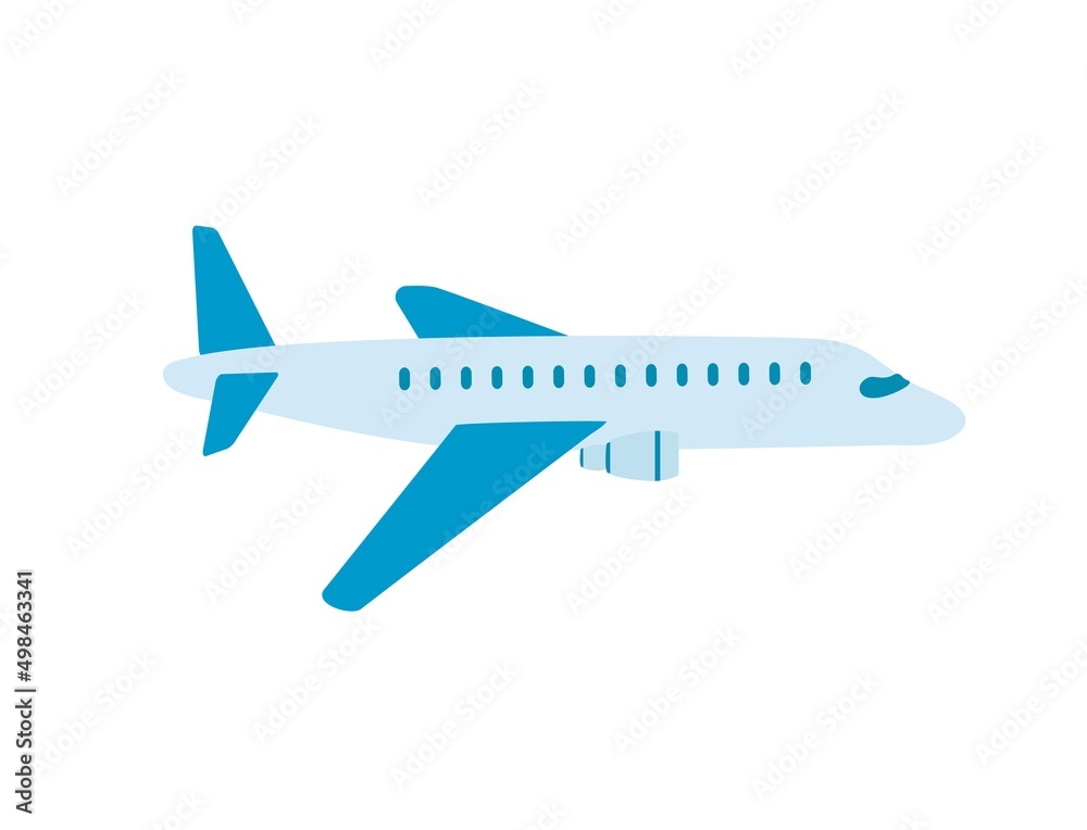Side view of passenger airplane. Profile of air plane isolated on white background. Flat cartoon vector illustration of aeroplane with portholes, wings and engines