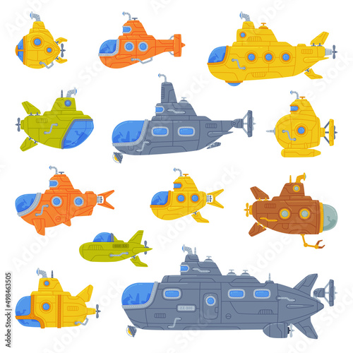 Colorful Submarine Watercraft Swimming Underwater Vector Set