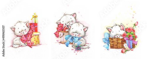 Cute watercolor kitten set. Funny cats background for greeting