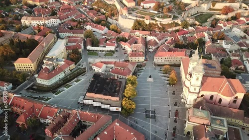 Cinematic 4K aerial drone dolly in shot of Dobó István Square in the city of Eger, major tourist destination in Northern Hungary, capital of Heves county photo