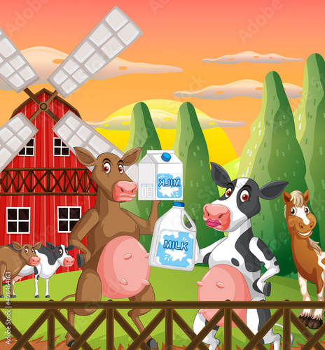 Outdoor cow farm scene with happy animals