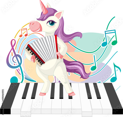 Cute purple unicorn playing accordion with music notes on piano